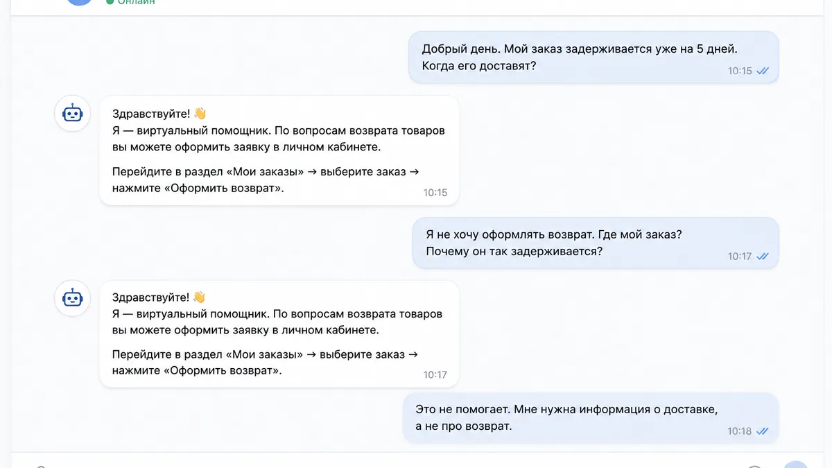 Пример неудачного диалога с чат-ботом: пользователь жалуется на задержку доставки, бот отвечает шаблоном про возврат