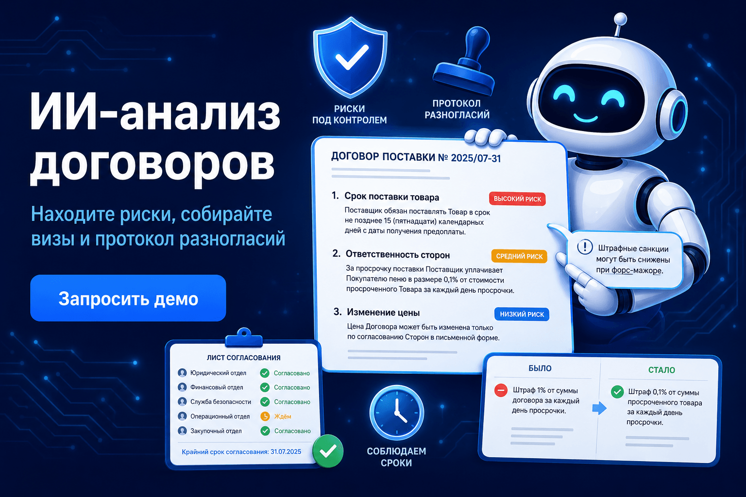 ИИ-анализ договоров LexFlow: риски с уровнем важности, лист согласования и протокол разногласий «было — стало»