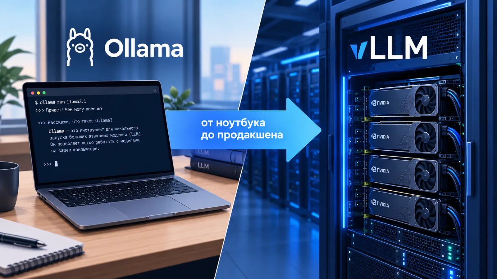 Ollama и vLLM для локального запуска LLM: ноутбук, GPU-сервер и кластер из нескольких видеокарт
