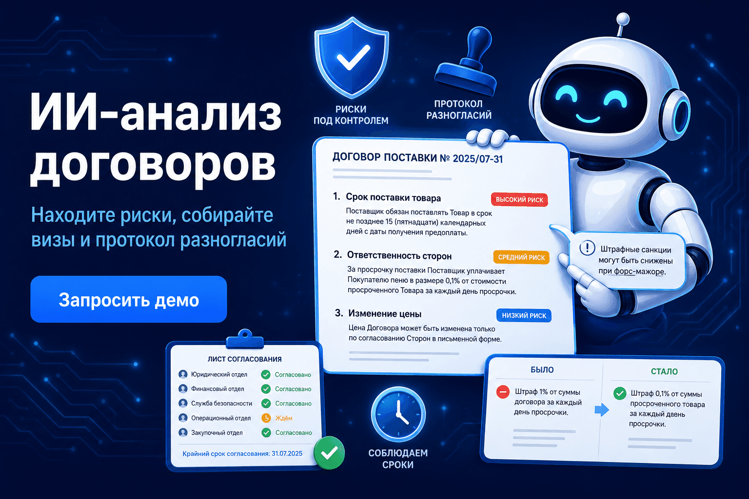 ИИ-анализ договоров YasnoDoc: риски с уровнем важности, лист согласования и протокол разногласий «было — стало»